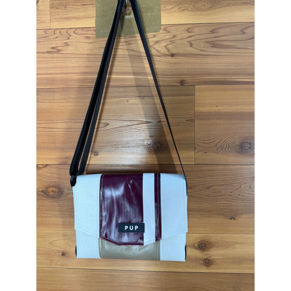 PUP People Urban Patrol Upcycled Crossbody Messenger Bag Burgundy Cream Tan